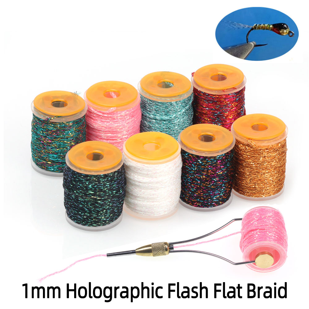 Fishing Equipment Bundle - 10 メートル/スプール 1 ミリメートルホログラフィックフラッシュフラット編組糸フライタイイング材料ニンフボディストリーマトラウト釣りハエルアー餌